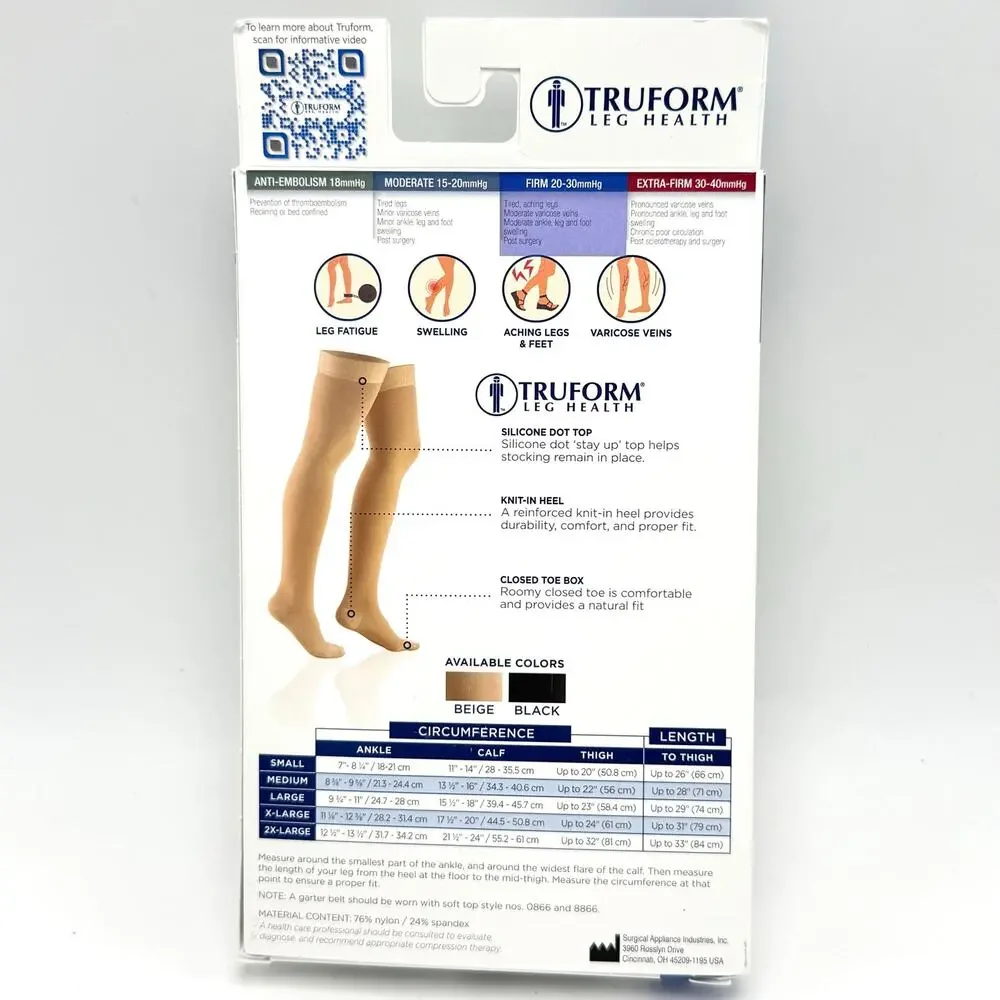 Truform Compression Stockings 20-30mmHg Medium Thigh High Close Toe Silicone Dot